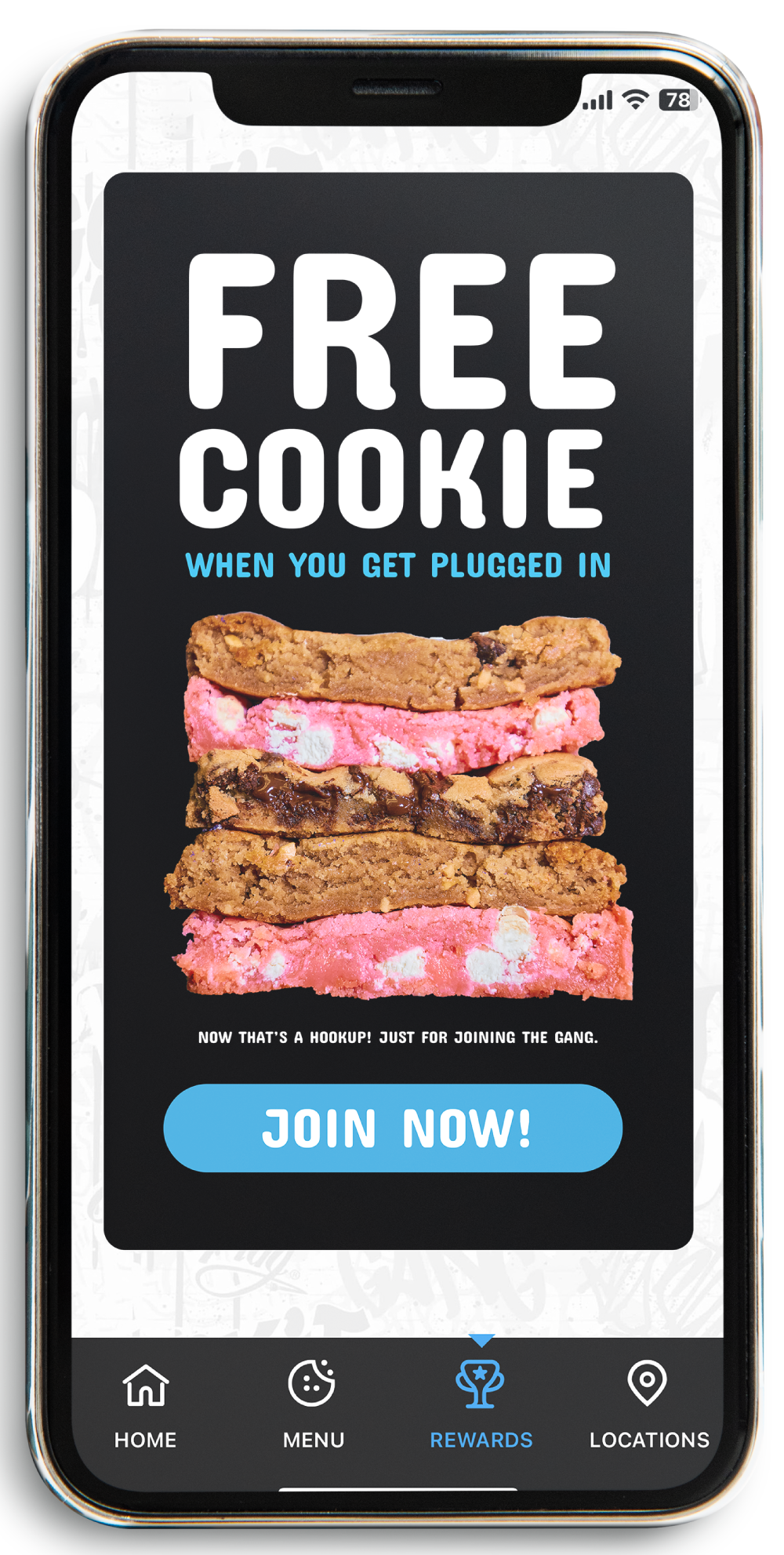 Cell phone mockup that says 'FREE COOKIE when you get plugged it' with a stack of cookies with white chocolate chips and a 'Join Now' button.
